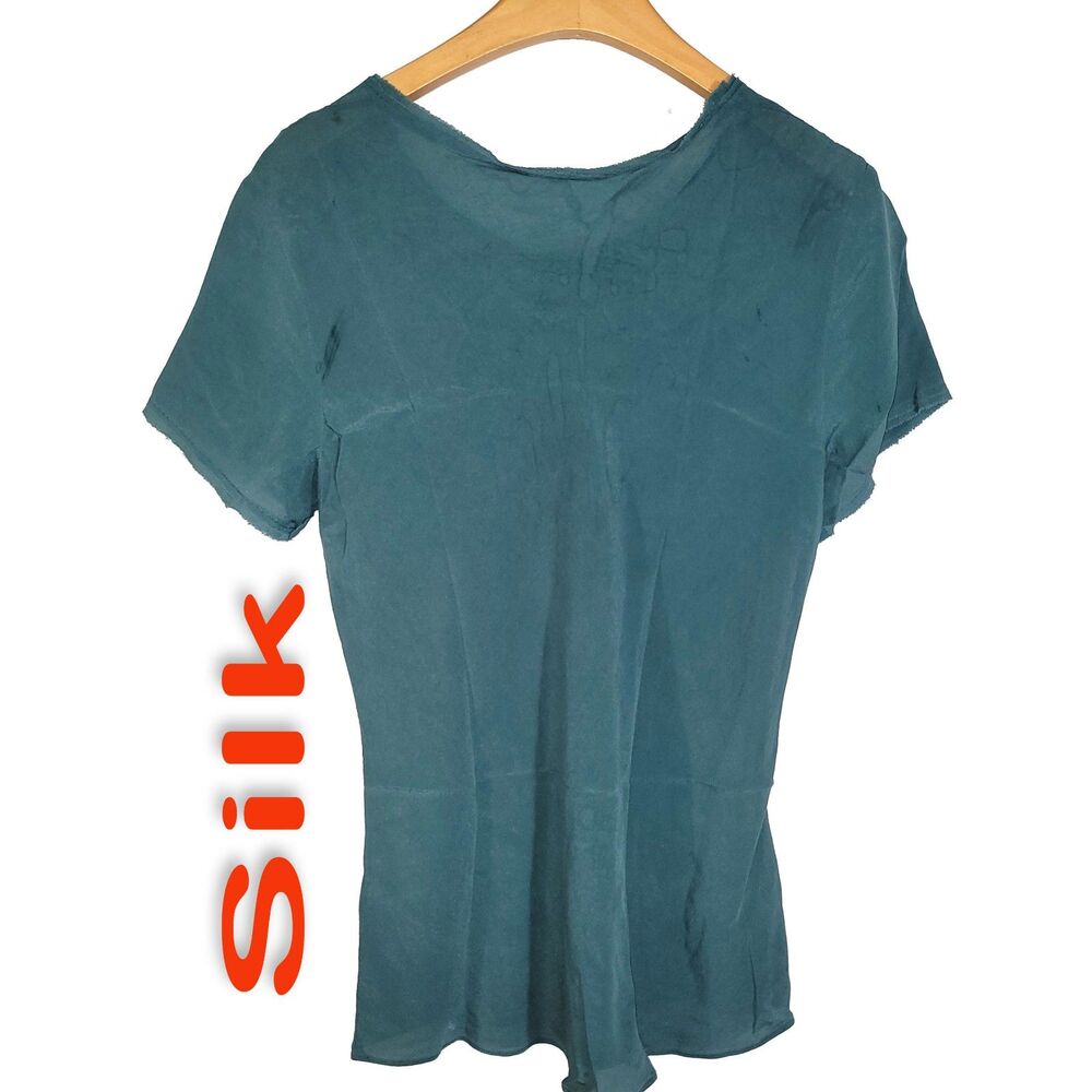 Women's 100% Silk Size M Short Sleeve Top Shirt Bias-Cut Raw Hem Design SBK157